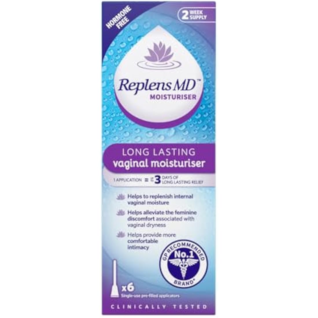 Replens Long Lasting Vaginal Moisturiser, Up to 3 days of long-lasting relief from vaginal dryness, Relieves Discomfort, Hormone Free, Clinically Tested, Pack of 6 Pre-Filled Applicators
