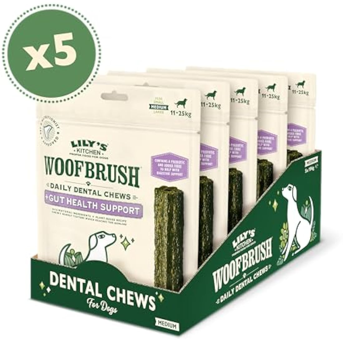 Lily's Kitchen Woofbrush Gut Health Dental Chew - Natural Dental Sticks for Medium Dogs (5 Packs of 7 Chews)