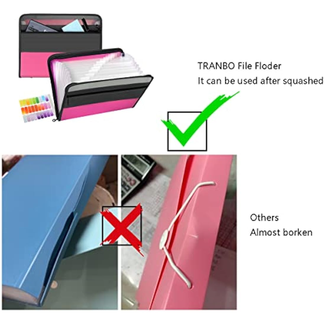 TRANBO 13 Pockets Expanding File Folder with Zipper Closure, A4 Plastic Document Wallet Organizer with Handy Front Pocket for Personal Office Stationary Storage