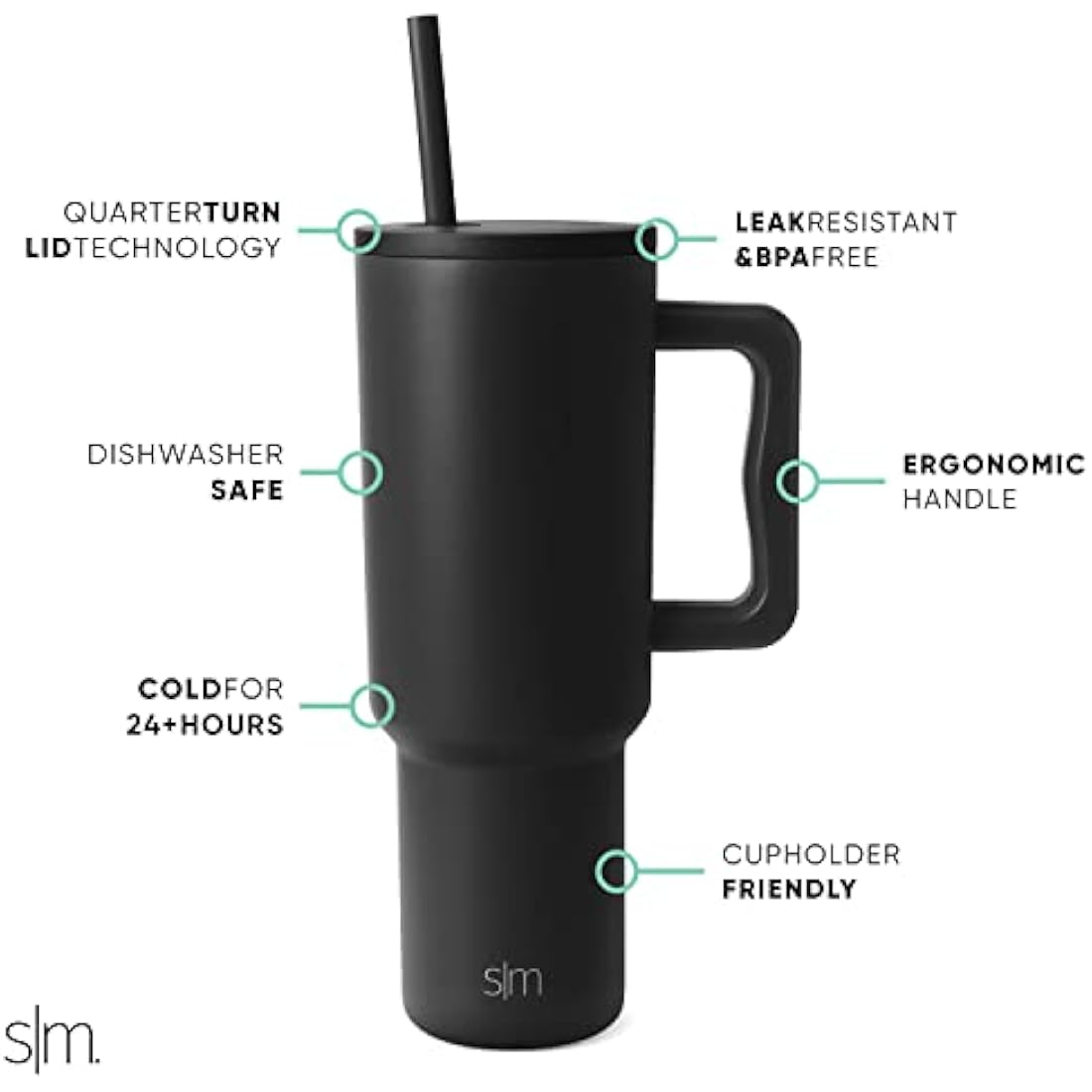 Simple Modern Tumbler 40 oz with Handle and Straw | Insulated Stainless Steel Water Bottle Iced Coffee Cup Travel Mug | Gifts for Women & Men | Trek | 1180ml | Midnight Black