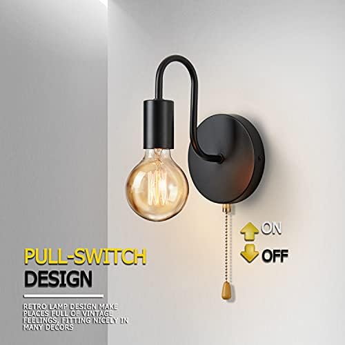 Lightess 2Pcs Wall Light with Switch Pull Cord Wall Lights E27 Socket, Retro Metal Iron Wall Sconces Industrial Wall Lamp for Bedroom Living Room Hallway (No Bulb, Black)