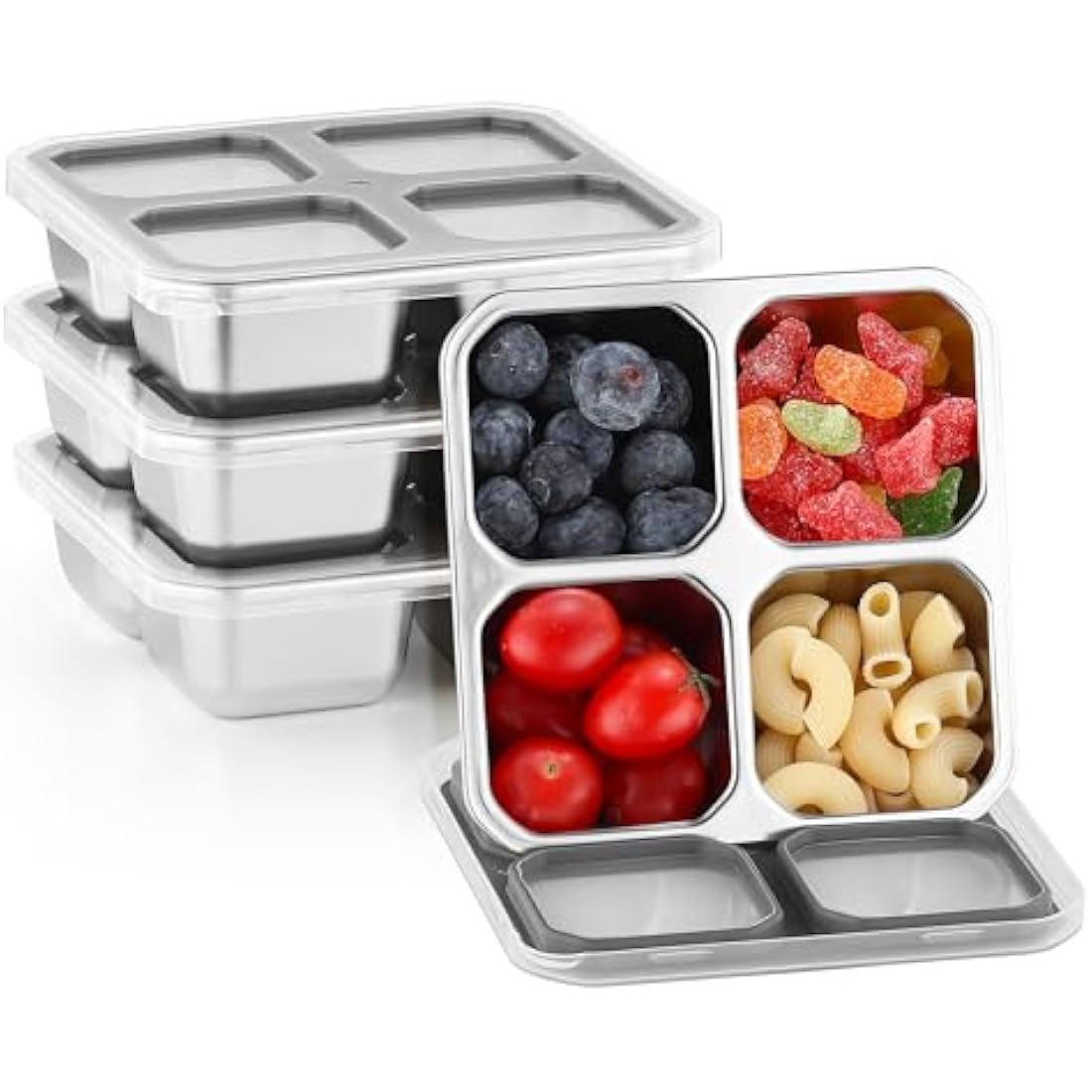 Misichao Stainless Steel Snack Boxes with 4 Compartments | Reusable Snack Containers Small Bento Lunch Box for Kids Adults Divided Meal Prep Containers for School Work and Travel 4 Pack (Grey-4)