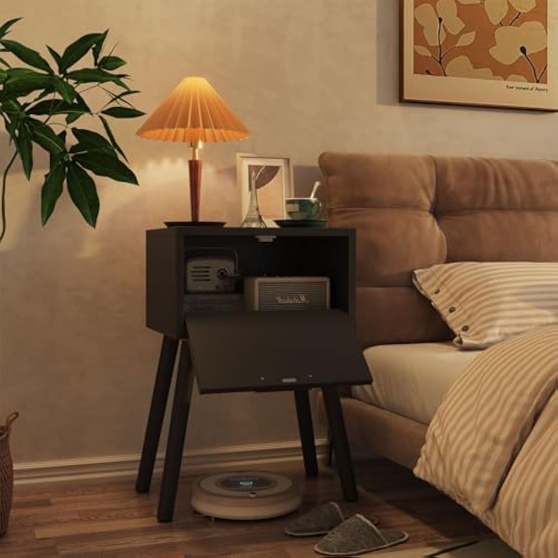 YMYNY Nightstand Set of 2, End Table, Small Bedside Table, Handmade Rattan Decorated Drawer, Solid Wood Legs, 35×27×53cm, Modern Side Table for Bedroom, Living Room, Black HST010B-2