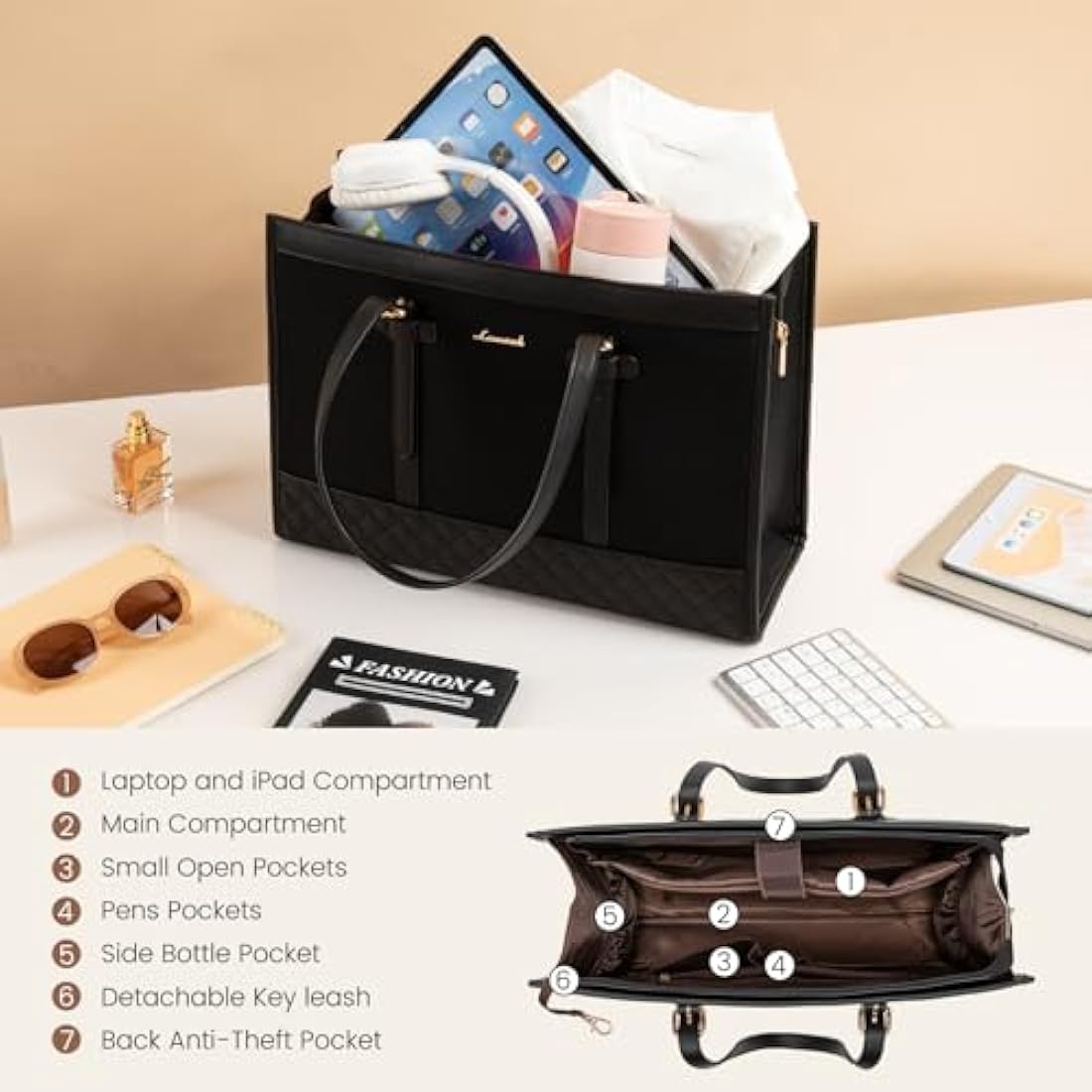 LOVEVOOK Laptop Bags for Women 15.6 Inch, Ladies Handbags for Work Business, Womens Large Tote Bag, Leather Shoulder Bag with Clutch Lightweight for Office Business School College Shopping, Black