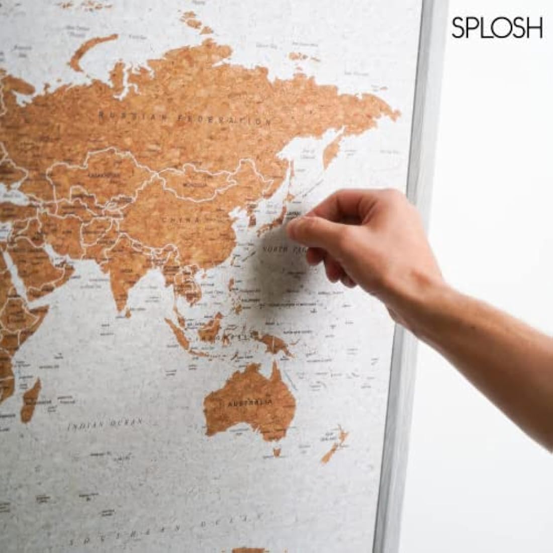 Splosh Large Maps. World Map Pin Board in Grey, Wooden Frame. World Map Cork Board with 100 Pins in 2 Colours to Mark Your Past and Future Adventures. Framed World Maps for Wall. (Grey)