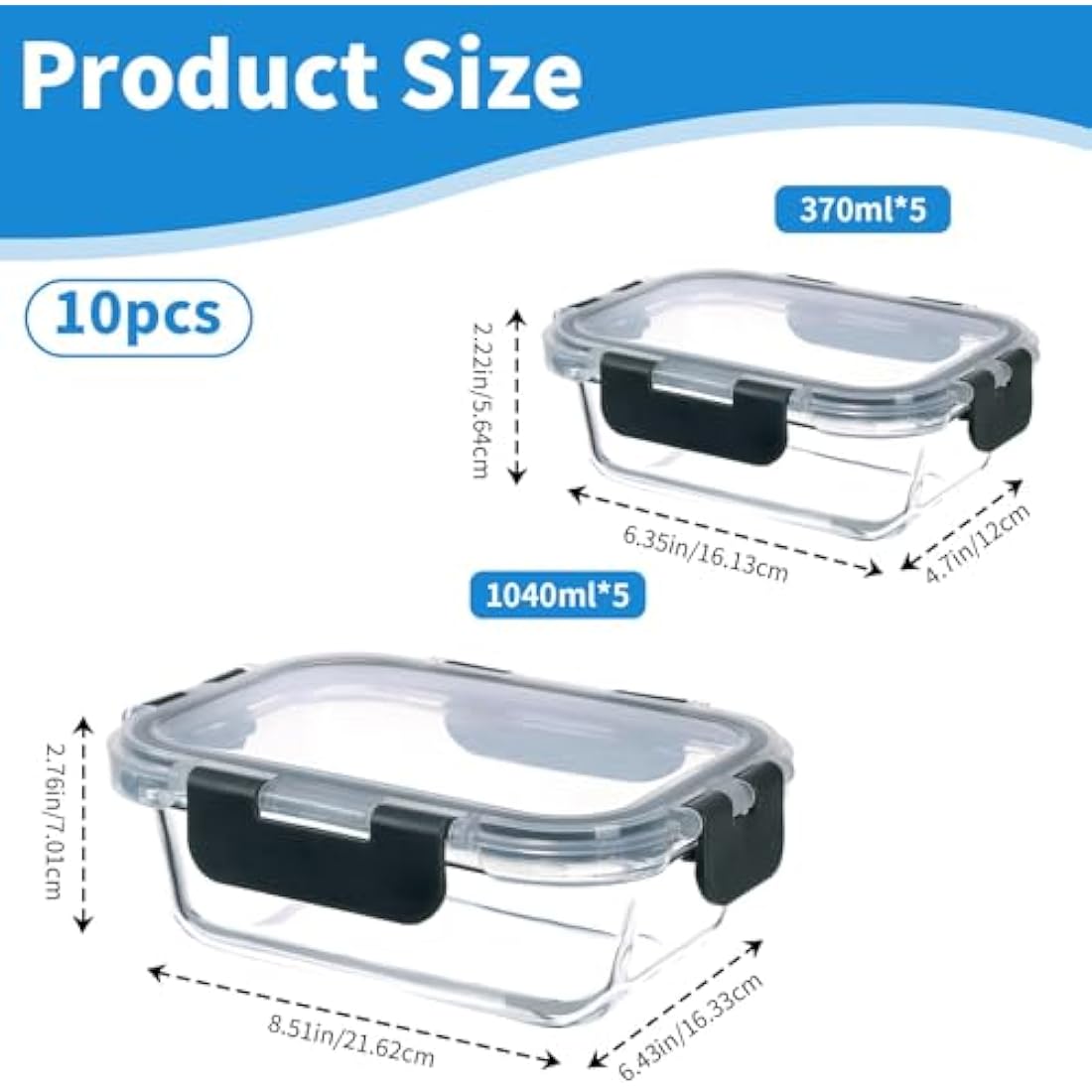 Glass Containers with Lids, 10 Pack Airtight Glass Meal Prep Containers, Glass Food Storage Containers, Reusable, Stackable, Microwave, Oven, Freezer and Dishwasher, 1050ml & 370ml (Black)