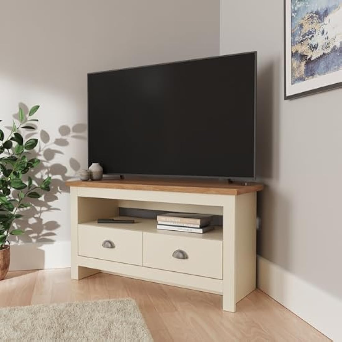 GFW Lancaster Wood Corner TV Cabinet With Shelf & Drawers, Cream, 95 x 51 x 45 cm