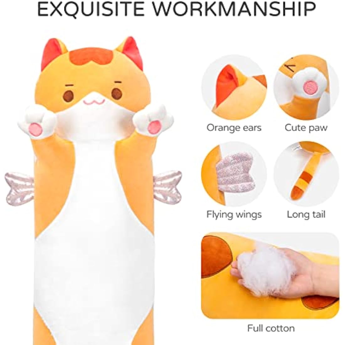 Mewaii 28in Long Cat Plush Pillows Stuffed Animals Squishy Pillows - Plushie Cute Kitty Sleeping Hugging Plush Pillow Soft Toys for Kids(Orange)