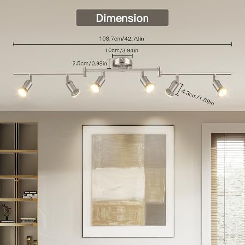 Dehobo Ceiling Spotlight Rotatable - Matte Nickel 6 Way GU10 LED Ceiling Light 350° Swivelling Adjustable Modern for Kitchen Living Room Bedroom, No Bulbs