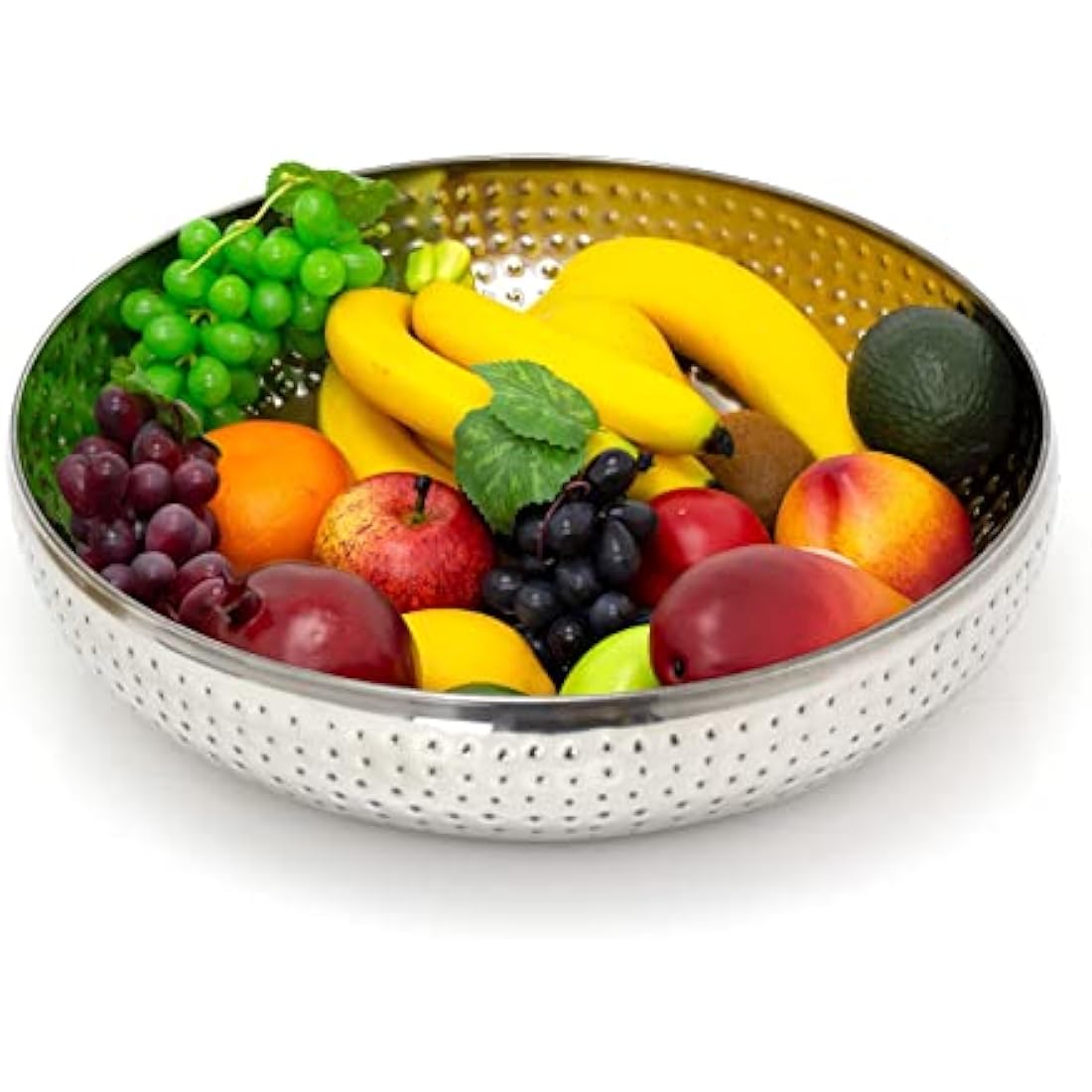 Carousel Home 38cm Extra Large Stainless Steel Kitchen Fruit Bowl | Round Silver Display With Hammered Detail | Multi-Purpose Serving Salad Decorative Bowl