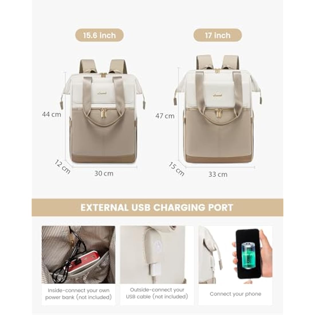 LOVEVOOK 17.3 inch Laptop Rucksack Bag for Ladies, Backpack Womens, Daypacks for Office Teacher Nurse, Fashion School Bags with USB Port for Work University Travel Business, Beige-Khaki