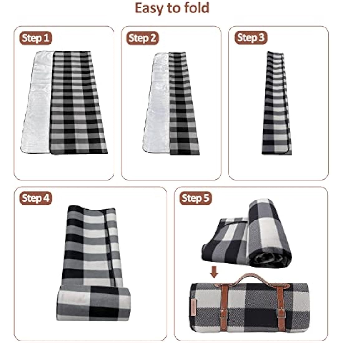 ACTIVE FOREVER Picnic Blanket Portable, 200x200CM Extra Large Waterproof Picnic Mats with Carrying Handle, Outdoor Multipurpose Rugs for Camping, Travel, Park, Beach, Garden, Black Gray Plaid