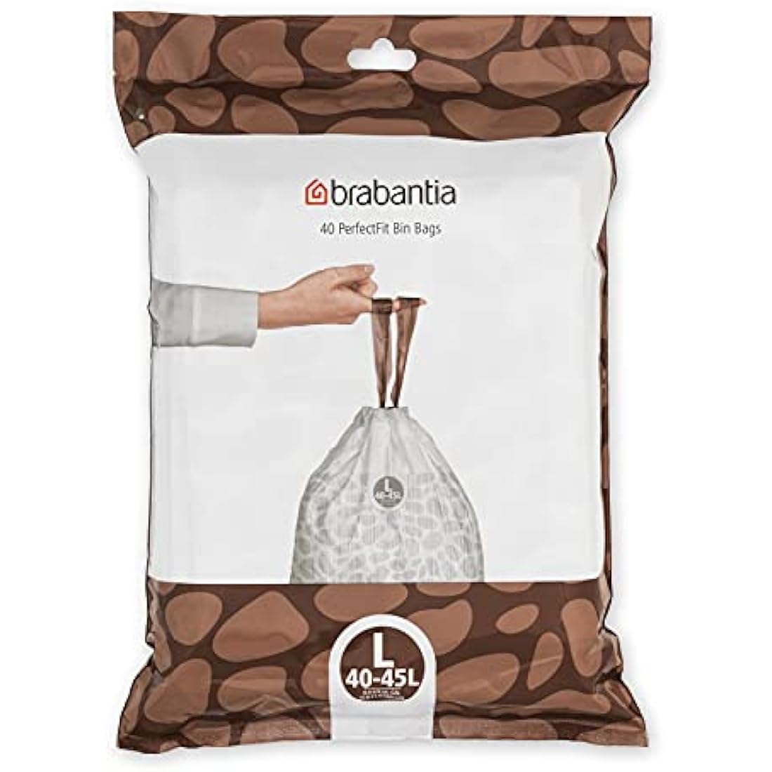 Brabantia 138645 PerfectFit Bin Liners (Size L/40-45 Litre) Thick Plastic Trash Bags with Tie Tape Drawstring Handles (40 Bags), White