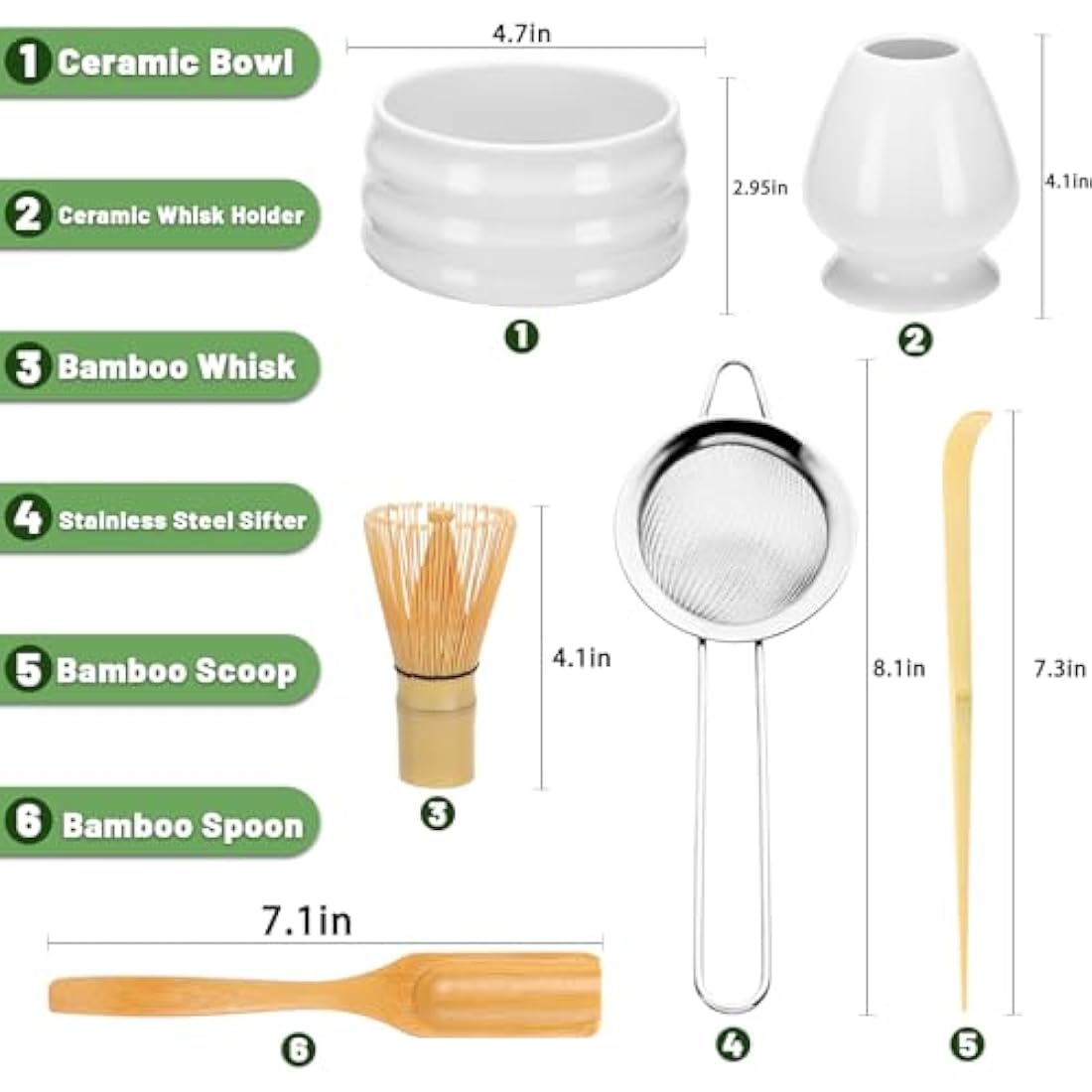 Geebuzz Matcha Whisk Set - Matcha Bowl and Bamboo Matcha Whisk, Scoop, Spoon, Sifter, Whisk Holder, 6pcs Perfect Matcha Starter Kit for Matcha Tea Ceremony (White)