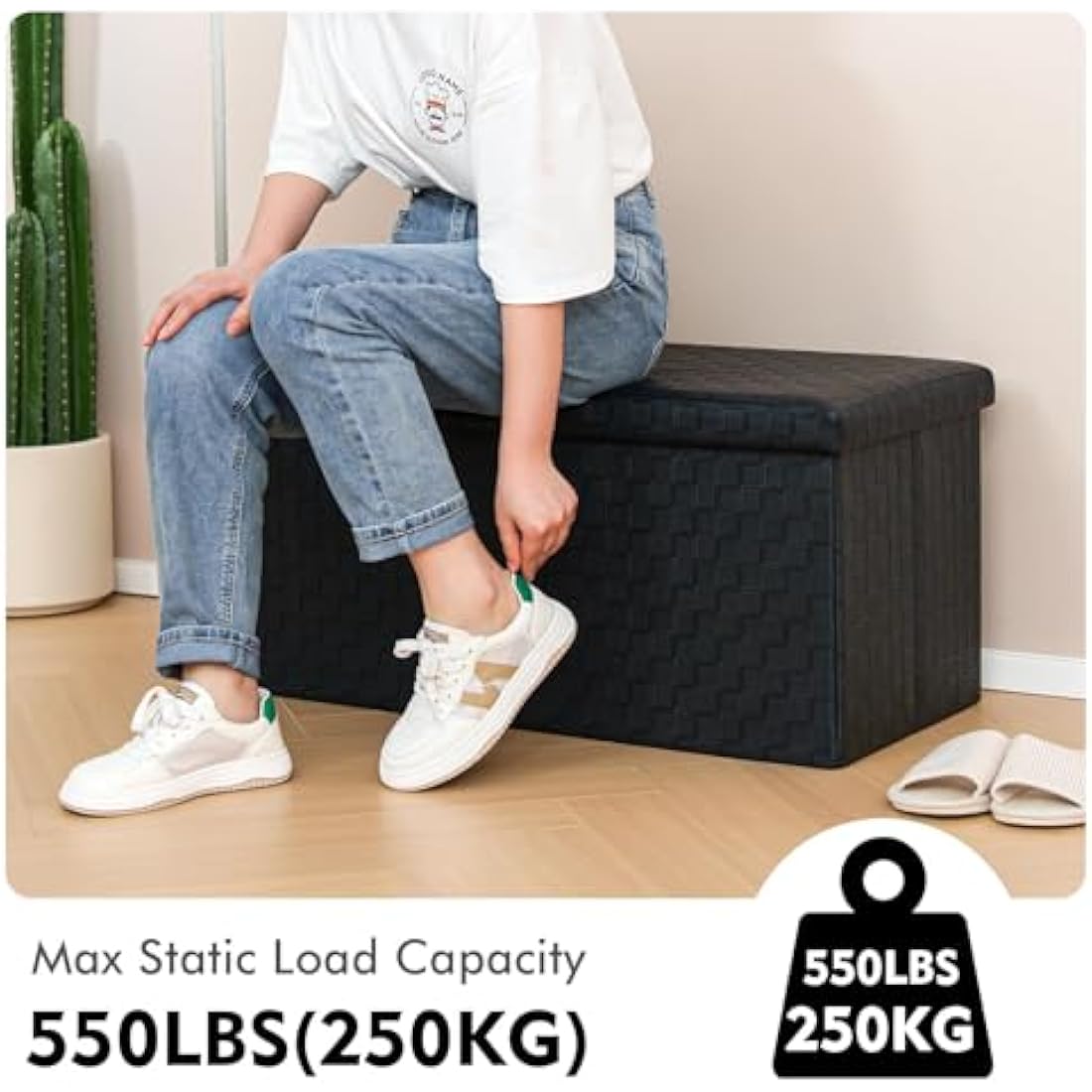 Bonlife Black Ottoman Storage Bench, Foldable Seat Faux Leather Foot Stool Storage Box with Lids for Kids Toys,Living Room, Hallway, Bedroom, 76 * 38 * 38cm
