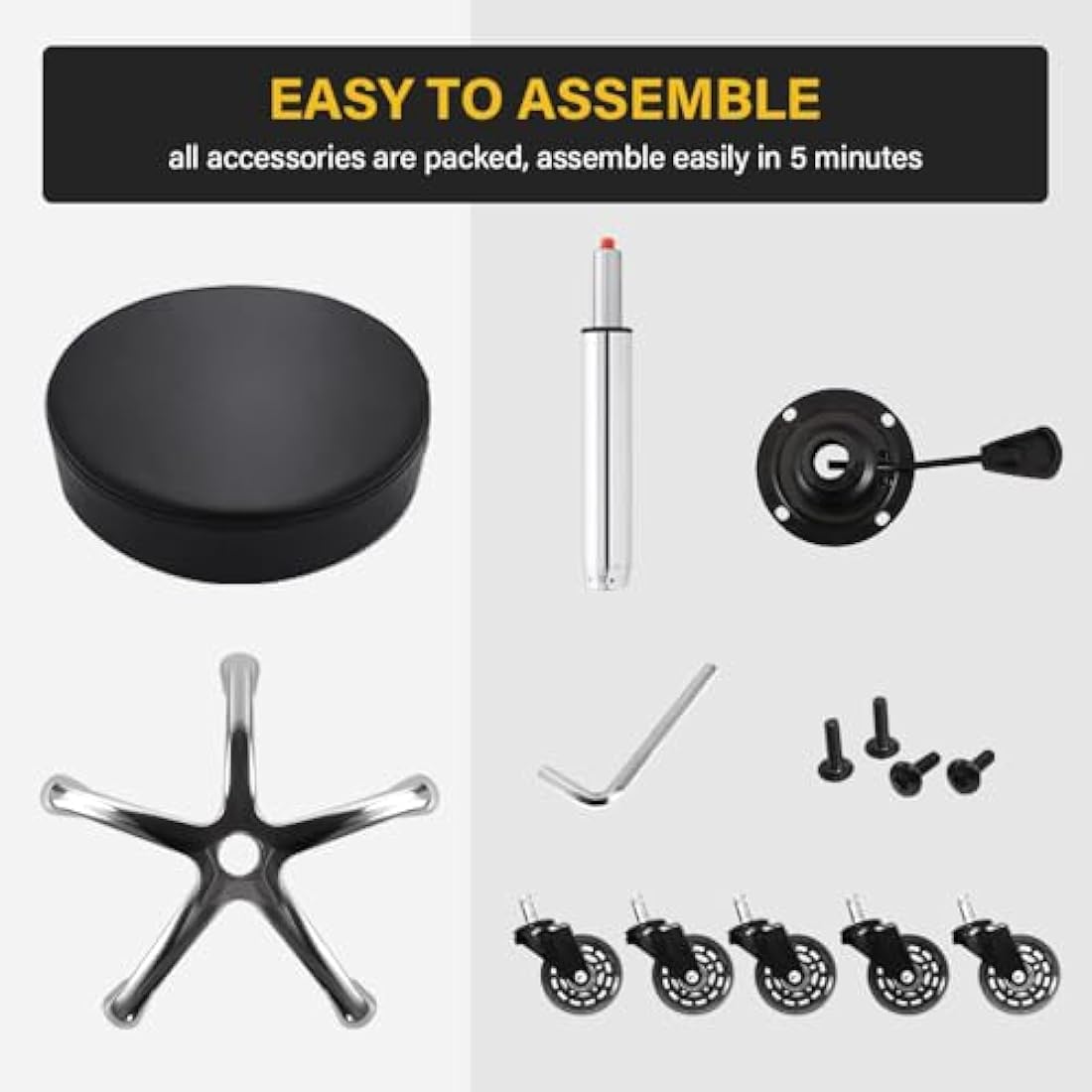 WKWKER Heavy Duty Beauty Stool On Wheels Swivel Adjustable Thick Leather Seat Chair For Kitchen Drafting Lab Office Massage Black