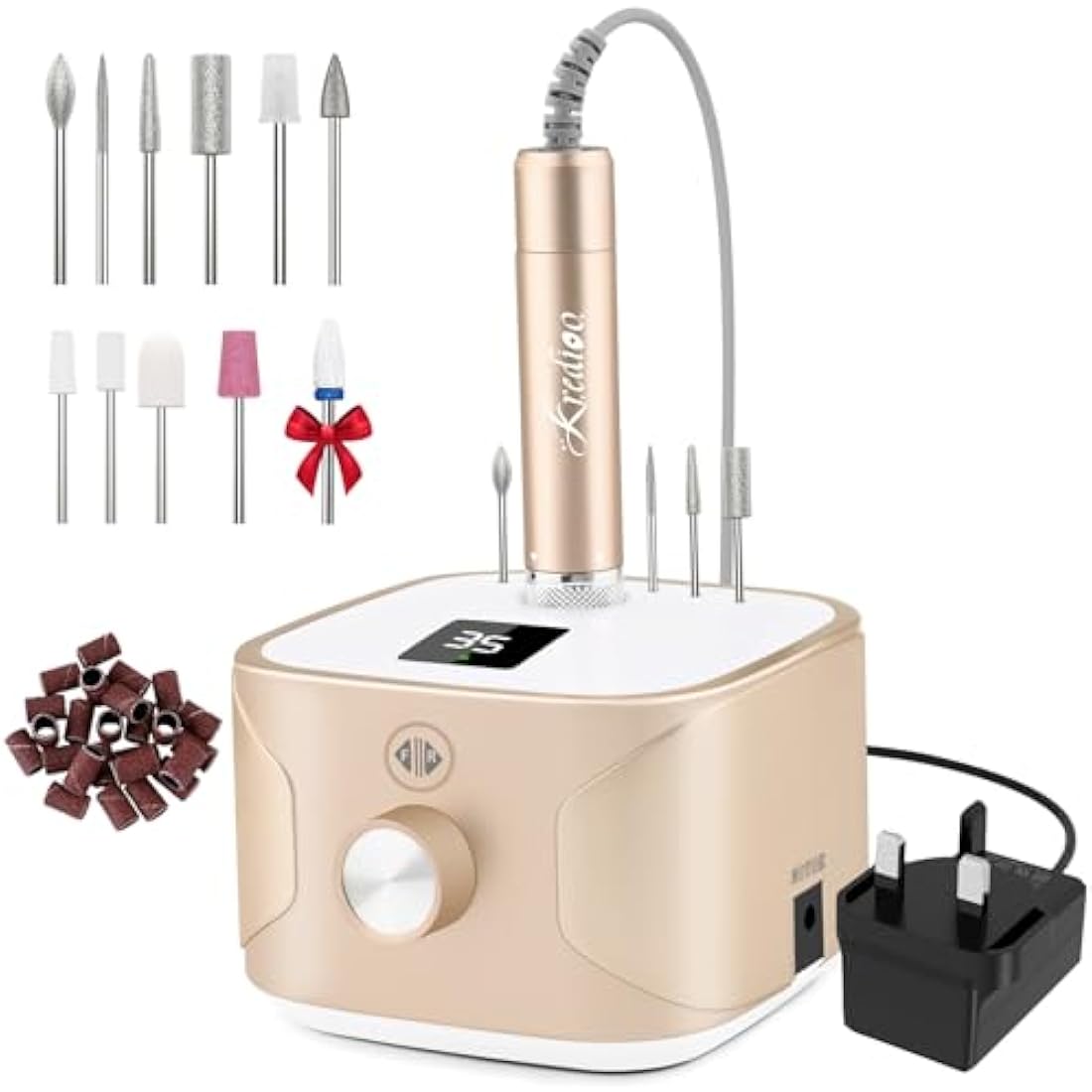 Kredioo Nail Drill 35,000RPM, Electric Nail File for Acrylic and Gel Nails, Professional Nail Drill Machine, Manicure Pedicure Kit with 11 Bits, LCD Display, Touch Button (Gold)