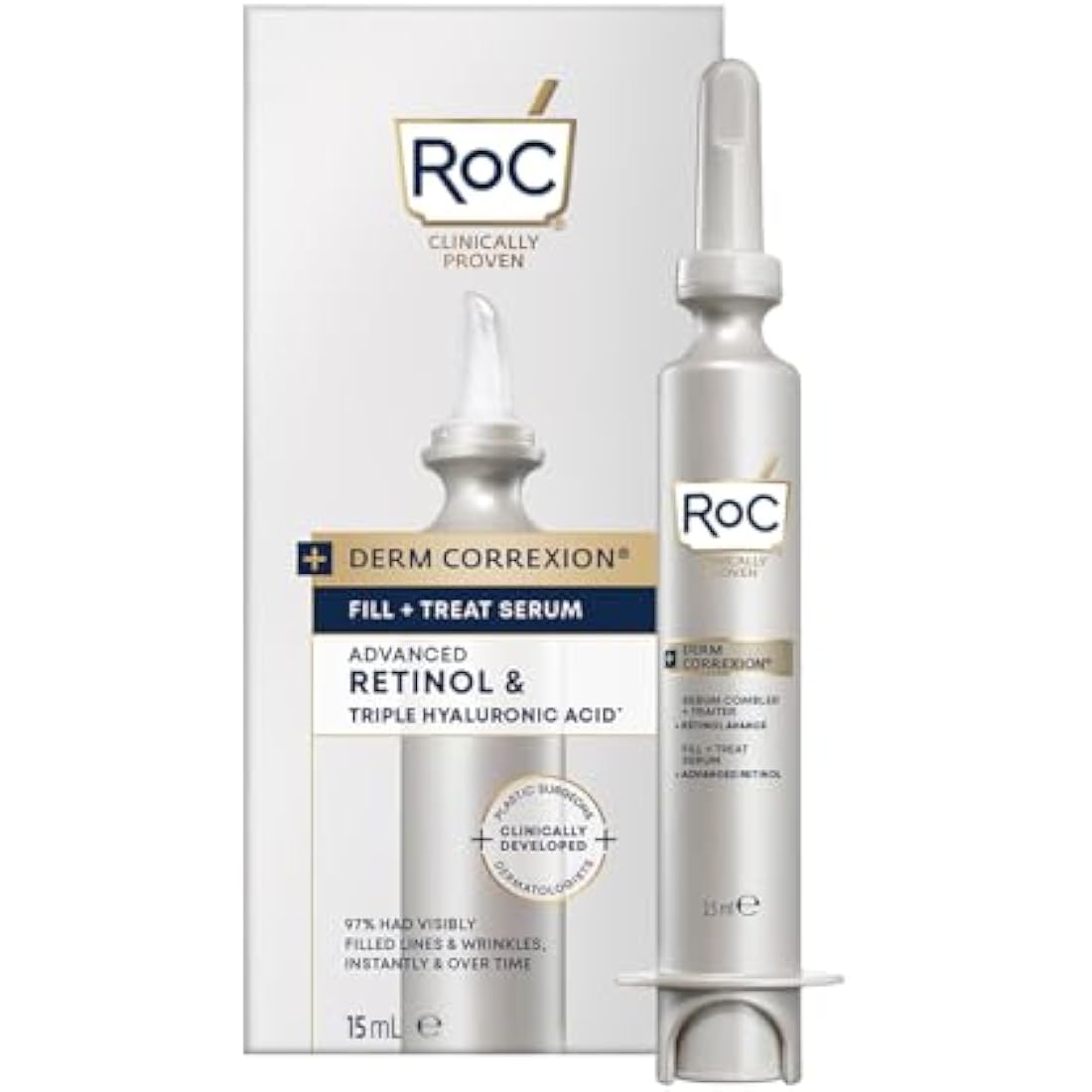 RoC Derm Correxion Serum Fill + Treat for Face, Neck, & Jawline, Wrinkle Filler, Advanced Retinol & Triple Hyaluronic Acid - 15ml