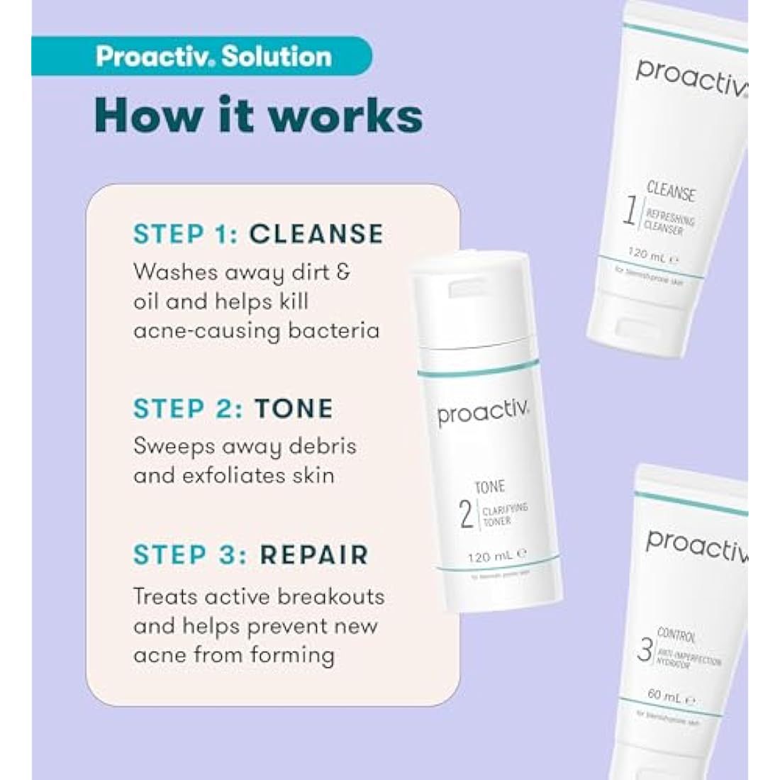 Proactiv Solution 60 Day Facial Cleansing 3-Step Routine, 1 x Cleanser 120 ml, 1 x Facial Toner 120 ml, 1 x Hydrator 60 ml (Pack of 1)