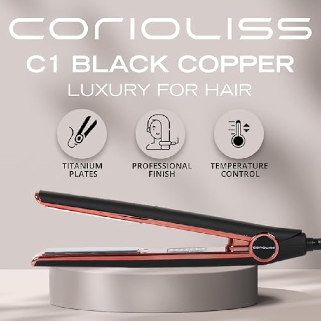 Corioliss C1 Hair Straightener for Women | Professional Titanium Plates | Ionic Flat Iron | Temperature Control 120°C to 235°C | Straightening and Waves | Travel Case | UK Plug | Black Copper
