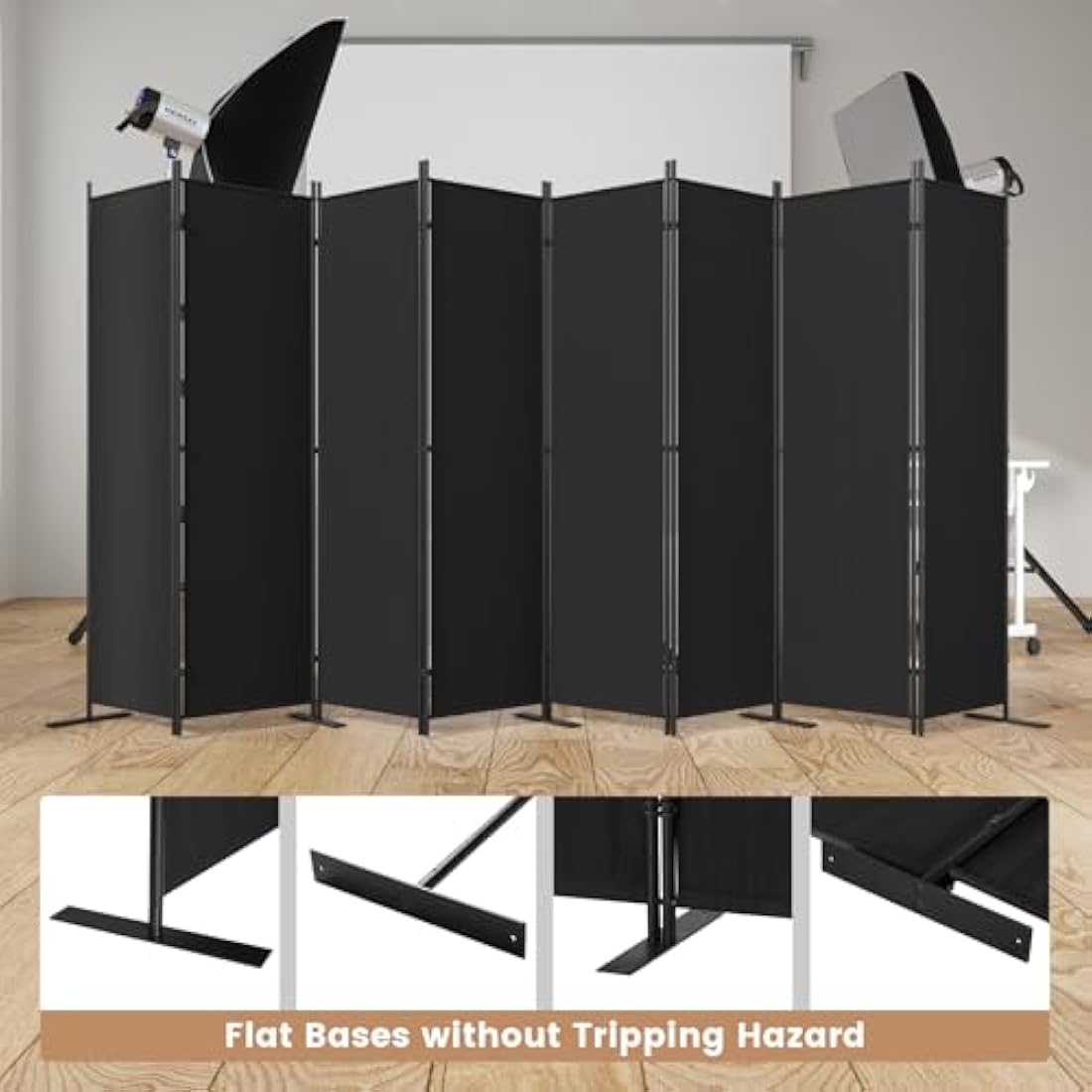 C-Hopetree 8 Panels Room Divider, 180cm Tall Indoor Folding Privacy Screen, Portable Partition Separator, Freestanding Separation Temporary Wall for Office, Bedroom, 404cm W X 180cm H, Black