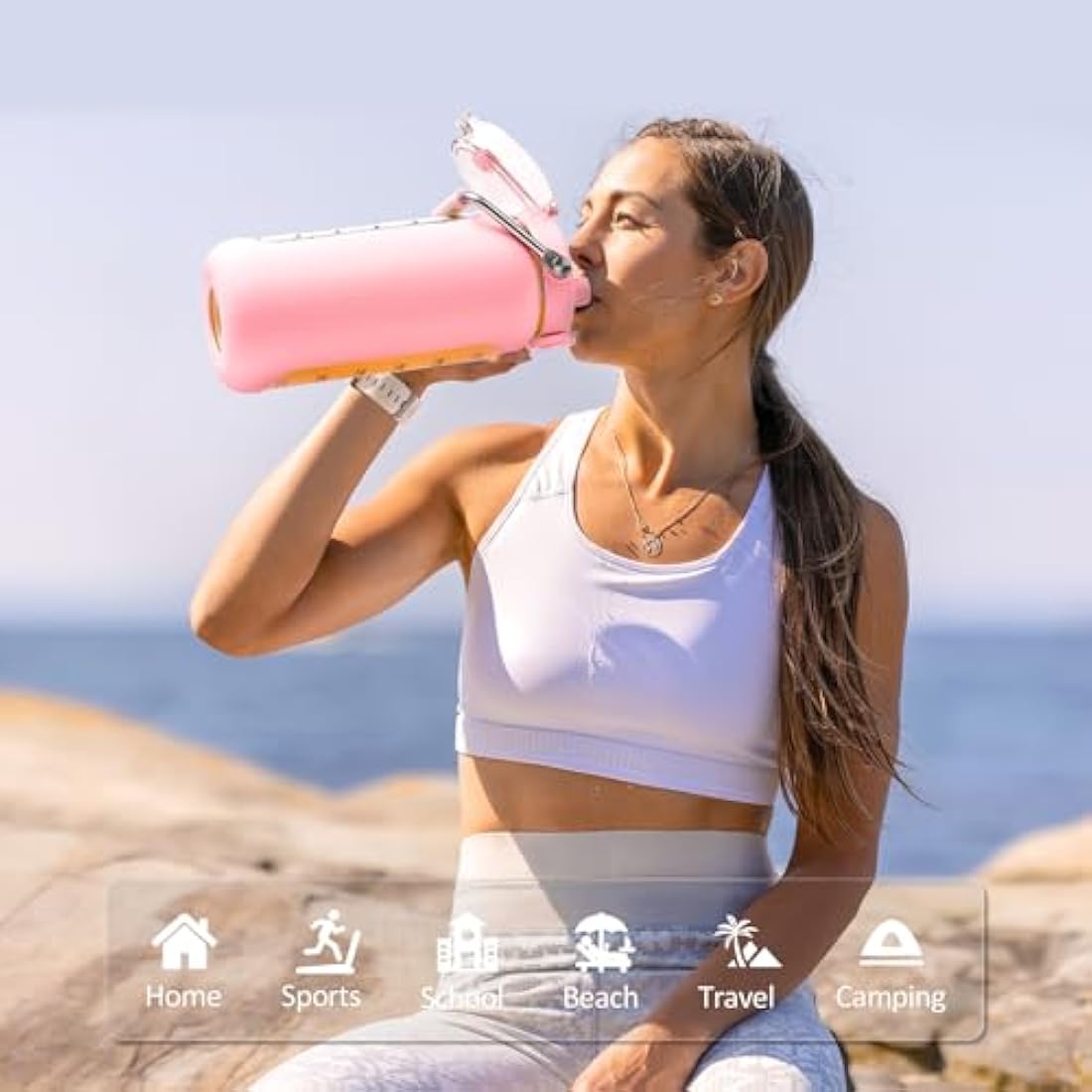 BLUEGO 2000ml Borosilicate Glass Water Bottle with Stainless Handle and Time Marker 2L Drinking Bottle with Silicone Sleeve and Straw for Gym Office Outdoor Sports Water Bottles BPA Free, Pink