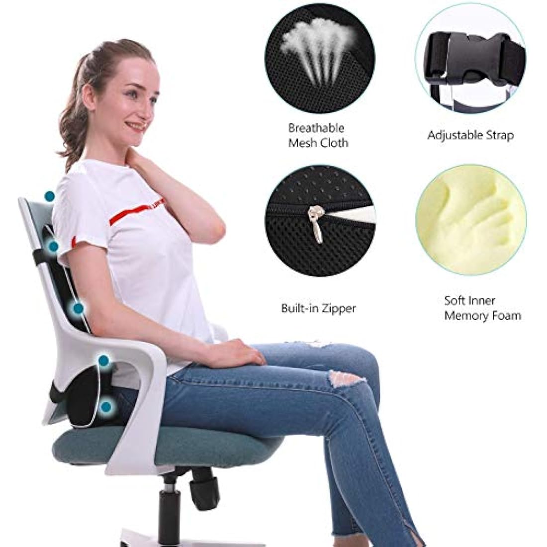 QUTOOL Lumbar Support Pillow for Office Chair Car Memory Foam Back Cushion Large Back Support Pillow for Computer, Gaming Chair, Recliner Double Adjustable Straps