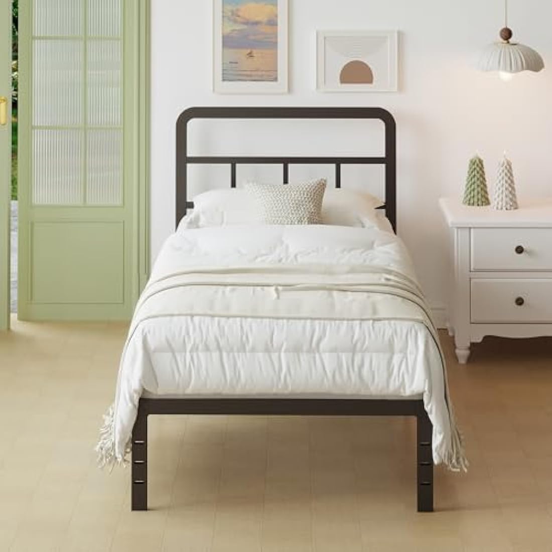 Lutown-Teen Black Single Bed Frame 3ft with Curved Headboard, Heavy Duty Metal Bed Frames Single with Steel Slats, 36 cm High, Ample Storage Underneath, Noise Free, Easy Assembly