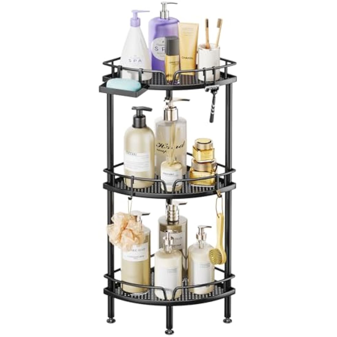 SWTYMIKI Corner Shower Caddy - 3 tier Bathroom Corner Shelf Shower Organizer Corner with 4 Hooks, Rust Free Standing Shower Caddy with Soap Holder,Shower Rack for Inside Bathroom,Shower storage,Black