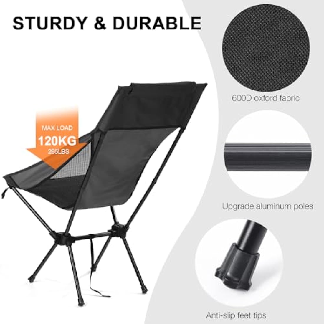 Outplea Lightweight Camp Chair Quick Setup, Minimalism Folding Camping Chairs for Beach Travel Fishing, 130kg Capacity, Black