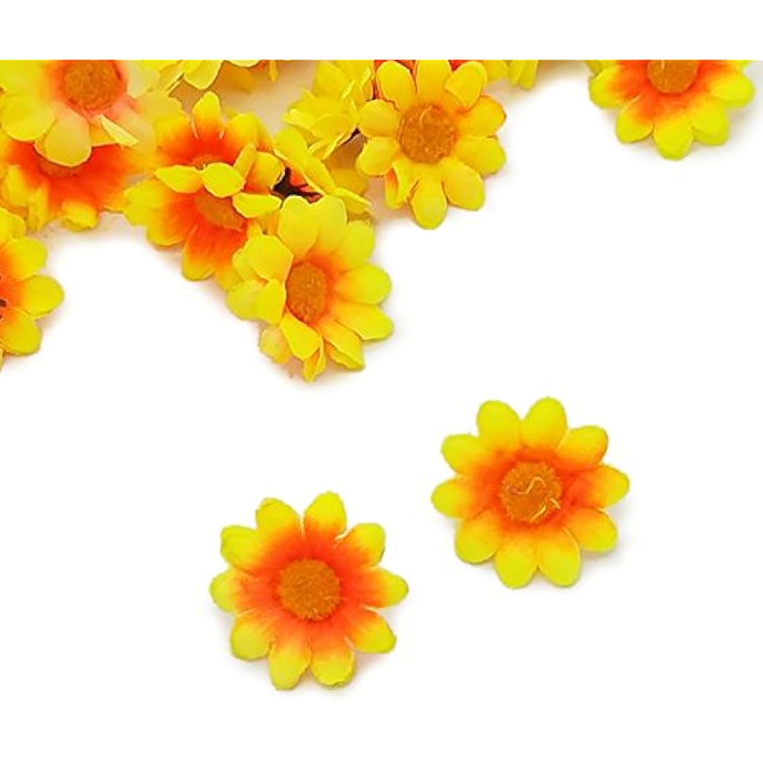 Artificial Daisy Flower Heads 100pcs Fake Gerbera Petals Yellow & Orange for DIY Garland Craft Birthday Indoor Outdoor Party Easter Bonnet
