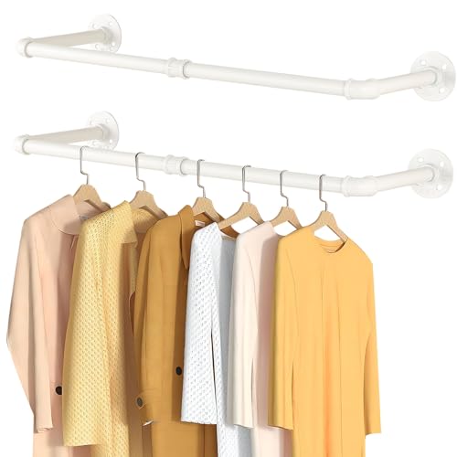 Yawinhe Industrial Pipe Clothes Rack, 80cm Wall Mounted Clothes Rail, Heavy Duty Detachable Wardrobe Rail for Laundry, Living Room, White, 2 Pack