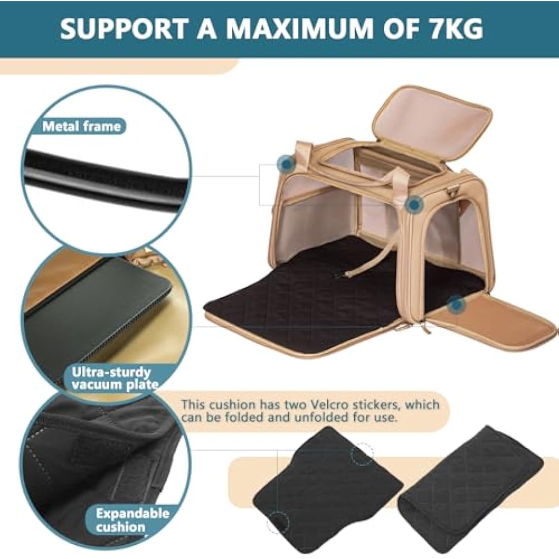 Petsfit Cat Carrier Soft Sided Travel Carrier, Dog Carriers with Expandable mat and Quadrangle Oxford Fabric Mesh, Portable Dog Bag with Upgraded Large Space, Khaki