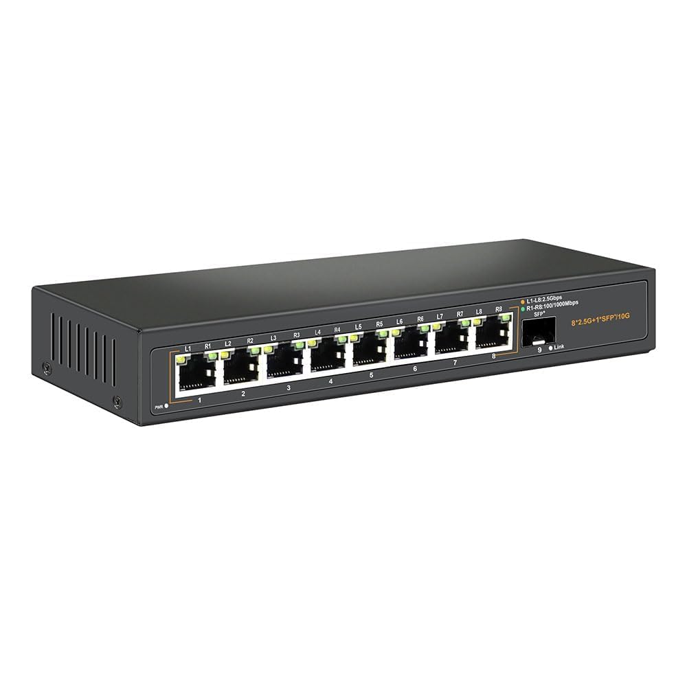 Davuaz 2.5G Unmanaged Ethernet Switch with 8 x 2.5G Base-T Ports and 1 x 10G SFP Uplink Port, Compatible with 100/1000/2500Mbps, Fanlesss Design, Plug
