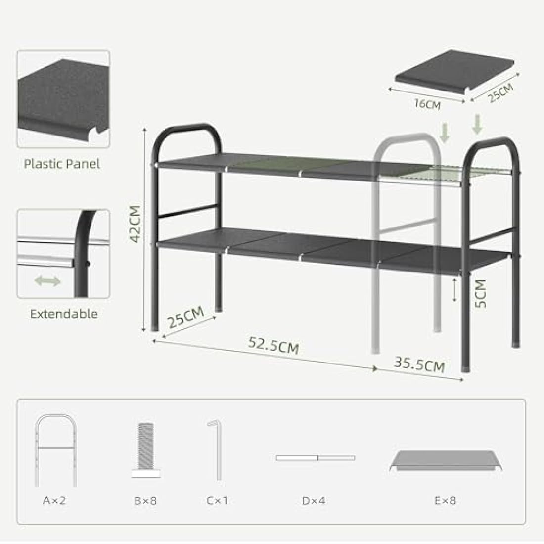 NETEL Expandable Under Sink Storage, 2 Tier Under Sink Storage with 8 Plates,Metal Side Bracket,Kitchen Cupboard Organiser, Extendable Shelf for Cupboard, Kitchen Shelf Organiser,Width 52-82cm