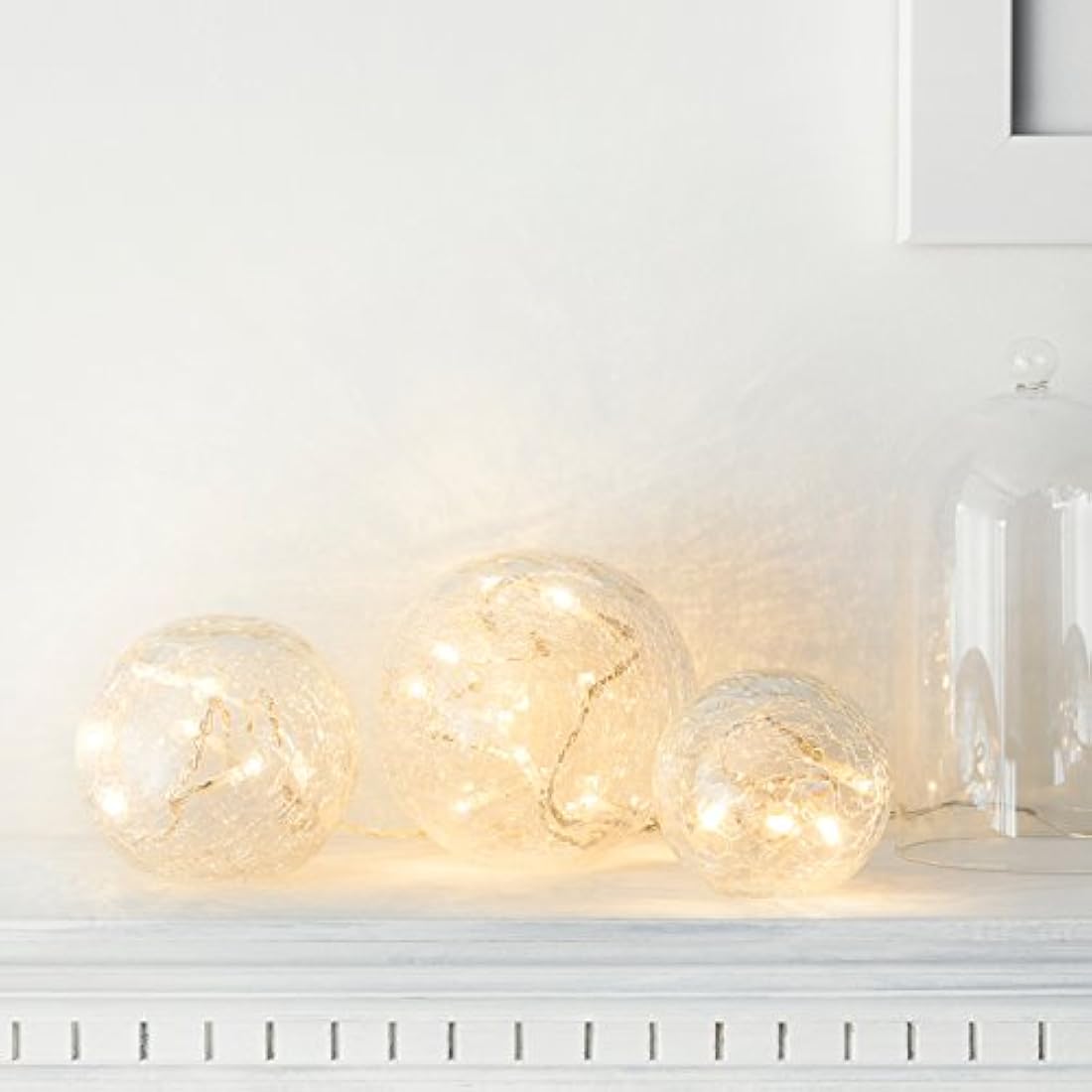 Lights4fun Set of 3 Fairy Light Orbs Crackled Glass Balls LED Lights Battery Operated Table Lamp Warm White LEDs with Timer Orbs for Bedroom Home Wedding Decor & Party
