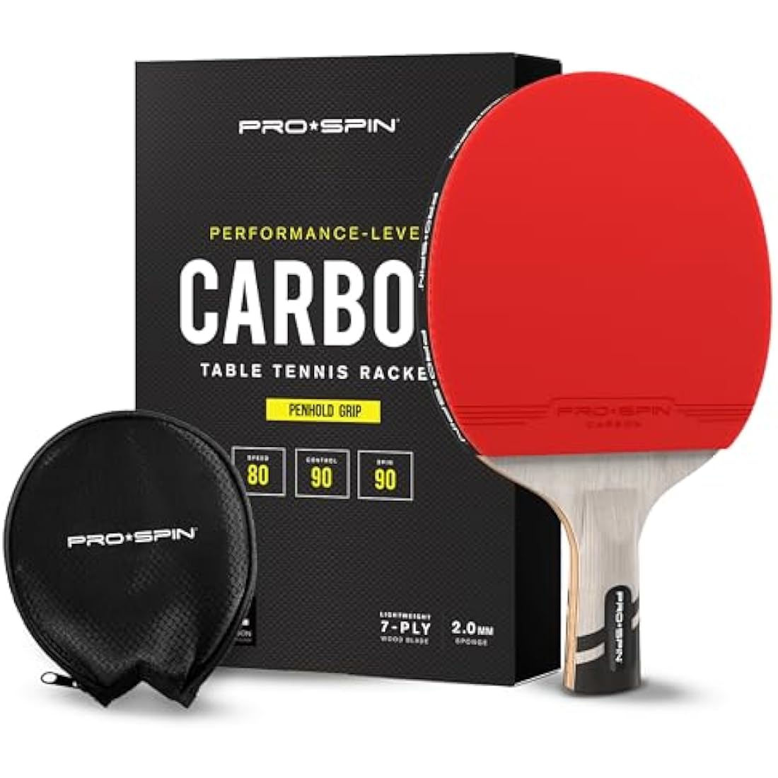 PRO SPIN Table Tennis Bat with Carbon Fibre | Penhold Grip | Elite Series 7-Ply Blade, Premium Rubber, 2.0mm Sponge & Rubber Protector Case