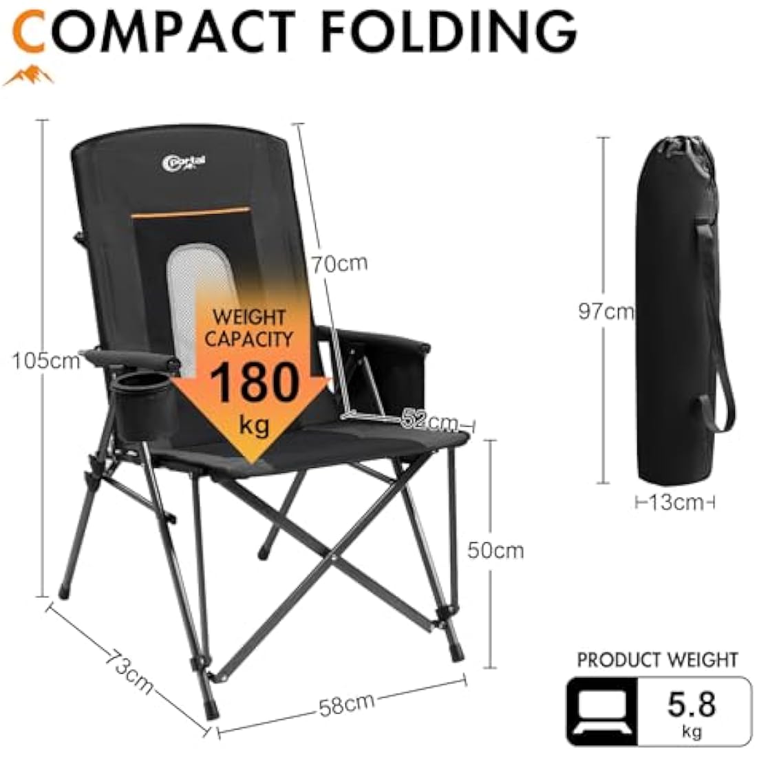 Portal Folding Camping Chair for Adults High Back Heavy Duty 180KG Load Foldable Garden Picnic Festival Collapsible Chair Oversized Hard Armrests Mesh Back Portable for Fishing Beach Patio