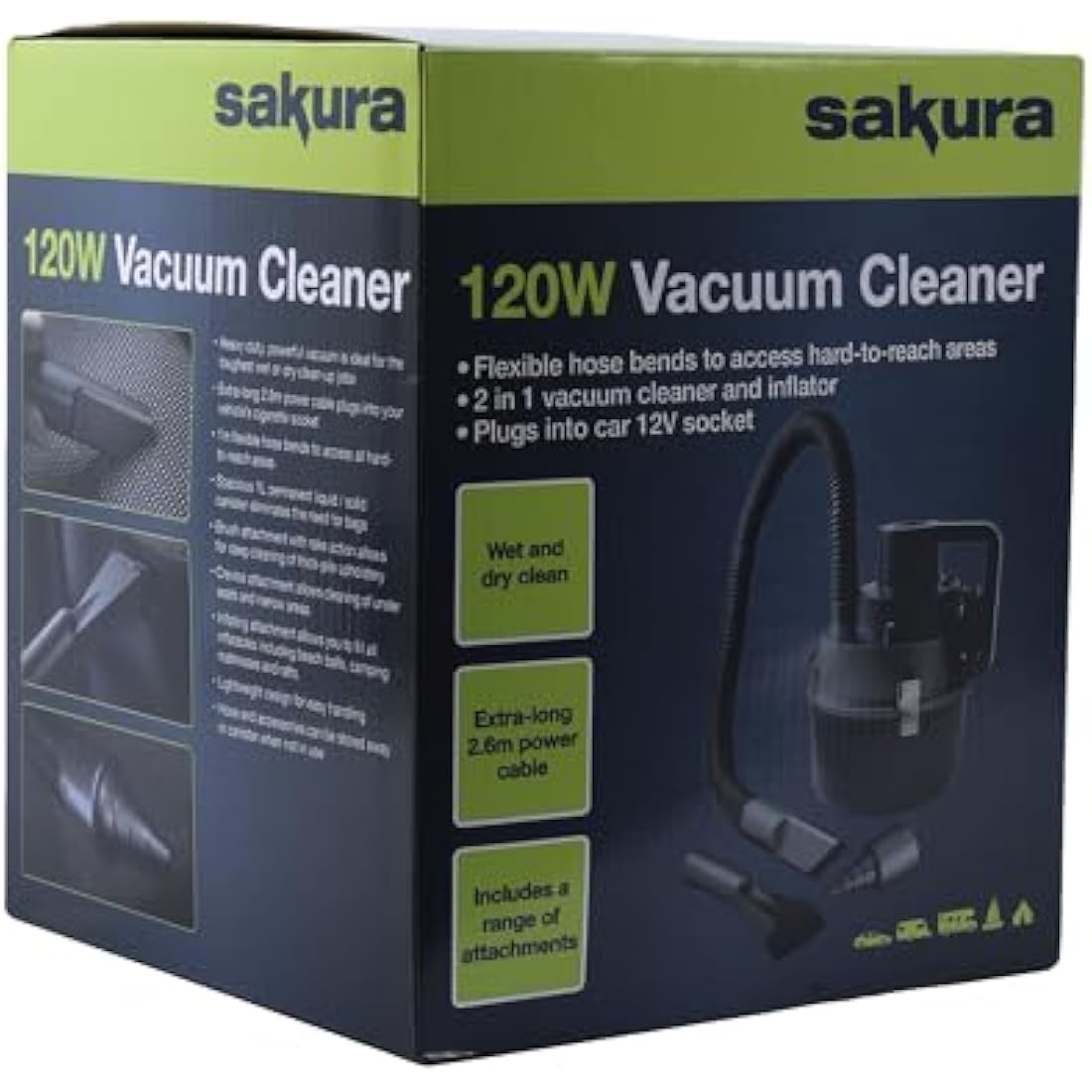 Sakura SS5311 120W Vacuum Cleaner, Perfect for Cars Boats Caravans, Wet and Dry Cleaner and Inflator, Washable Filter, Powered by 12V Socket, Pack of 1