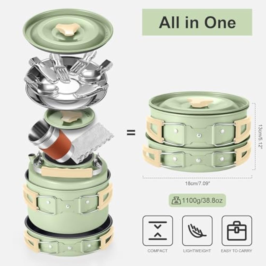 Odoland Camping Cookware Set Non-Stick Pot and Pan Set with Kettle, Stainless Steel Utensils Mess Kit, Cups Plates Knives Spoons Forks for Outdoor Cooking