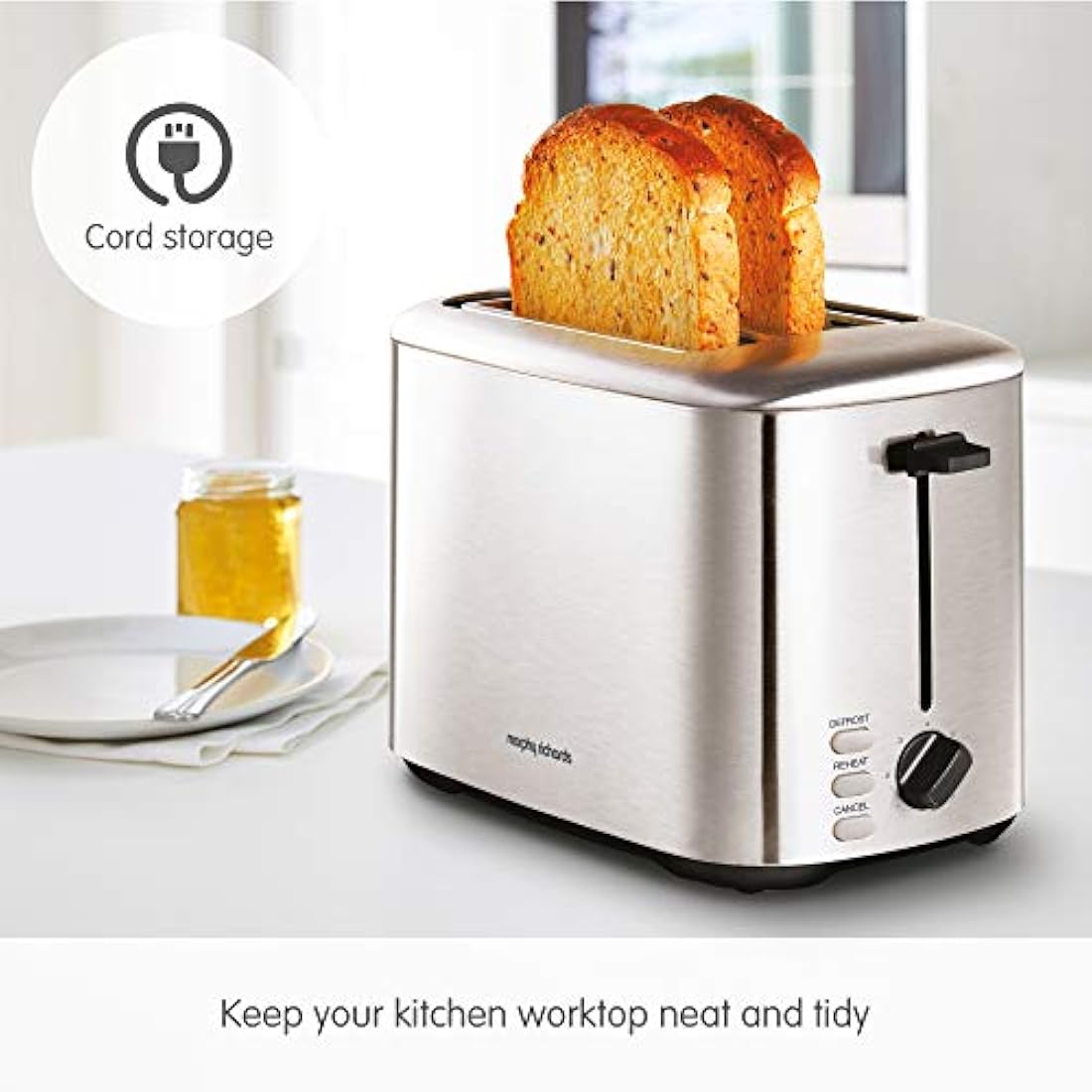 Morphy Richards Equip 2 Slice Toaster, Defrost and Reheat, Browning Controls, Variable Wide Slots, Removable Crumb Tray, 800W, Stainless Steel, 222067
