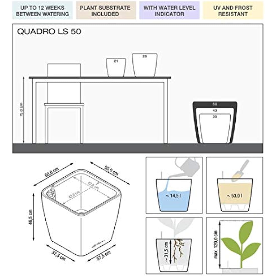 Lechuza Self Watering Plant Pot QUADRO LS 50 Garden Flower Indoor and Outdoor Plastic Planter with Drainage Hole H47 L50 W50 cm White High-Gloss