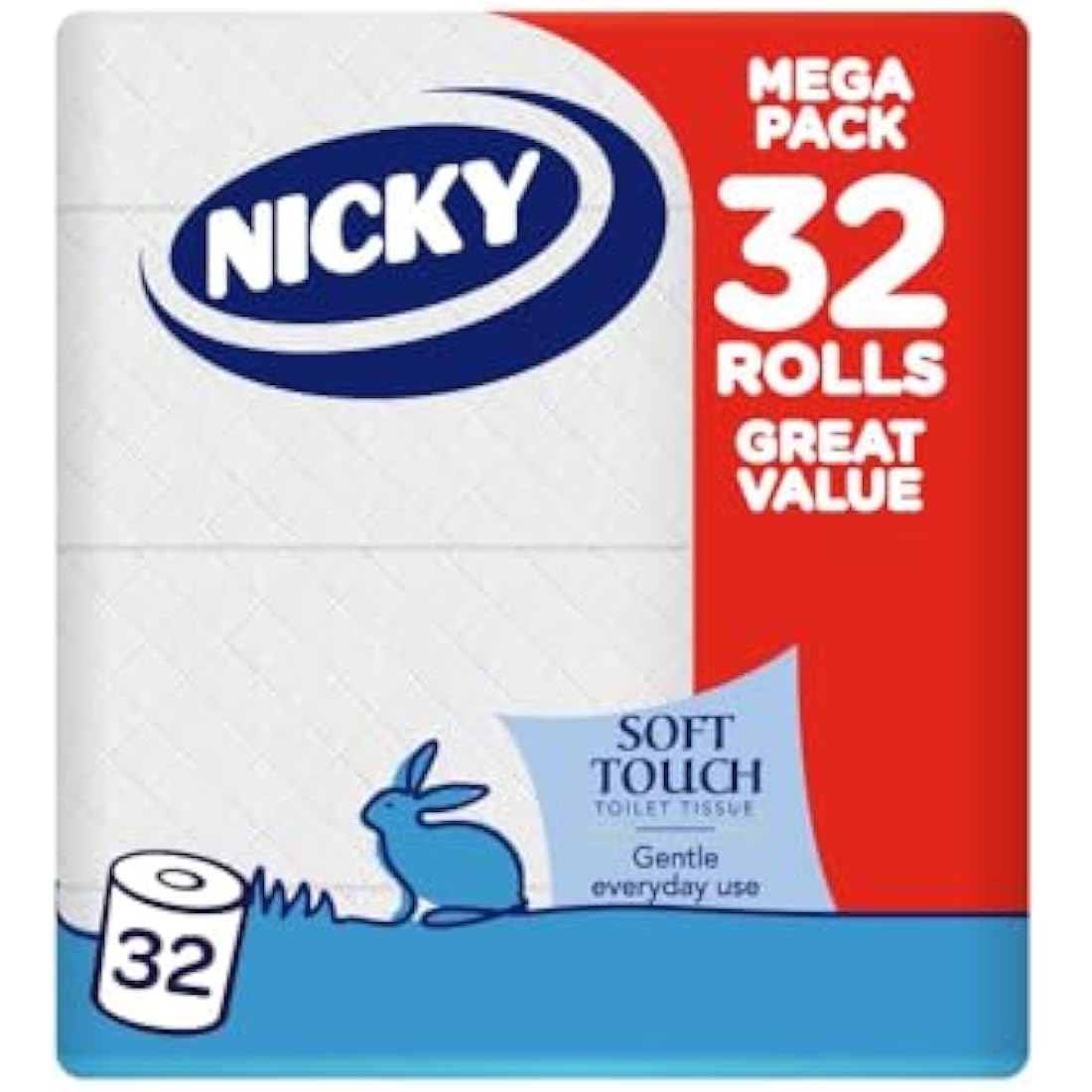 Nicky Soft Touch Toilet Tissue |Extra Value Pack – 32 Rolls of Extra Gentle White Toilet Paper |190 Sheets per Roll| 2-ply | Soft Tissue | Modern Embossing |Easy Opening | 100% FSC Certified Paper