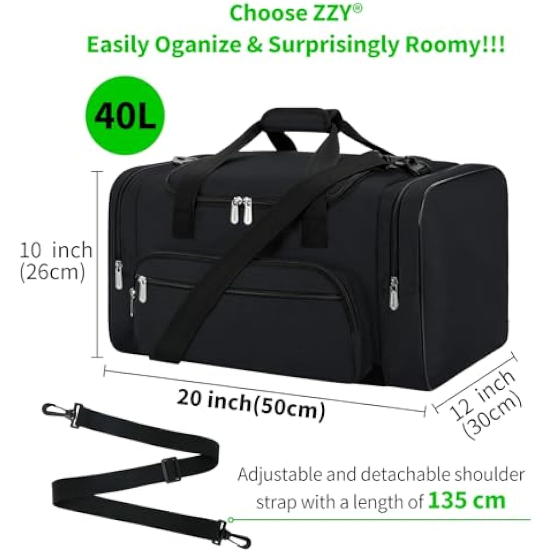 Sport Holdall Gym Duffle Bag with Shoulder Strap Overnight Weekender Bag for Men and Women (Black, 40L)