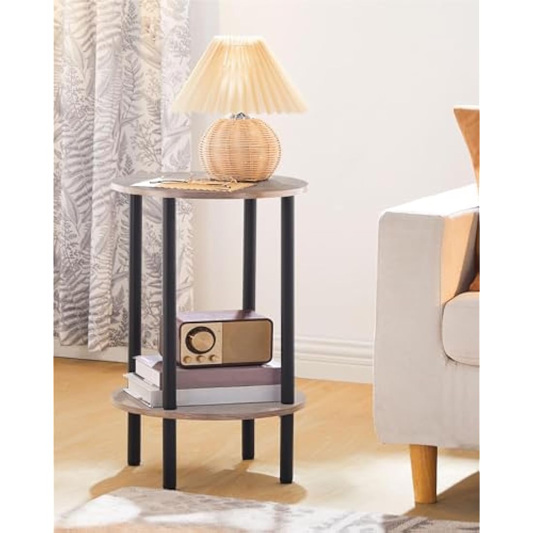 CHOEZON Round Side Table, 2-Tier End Table, Small Round Nightstand with Sturdy Metal Tube, Industrial Coffee Tables, for Living Room, Bedroom, Greige and Black DTBZ01BG