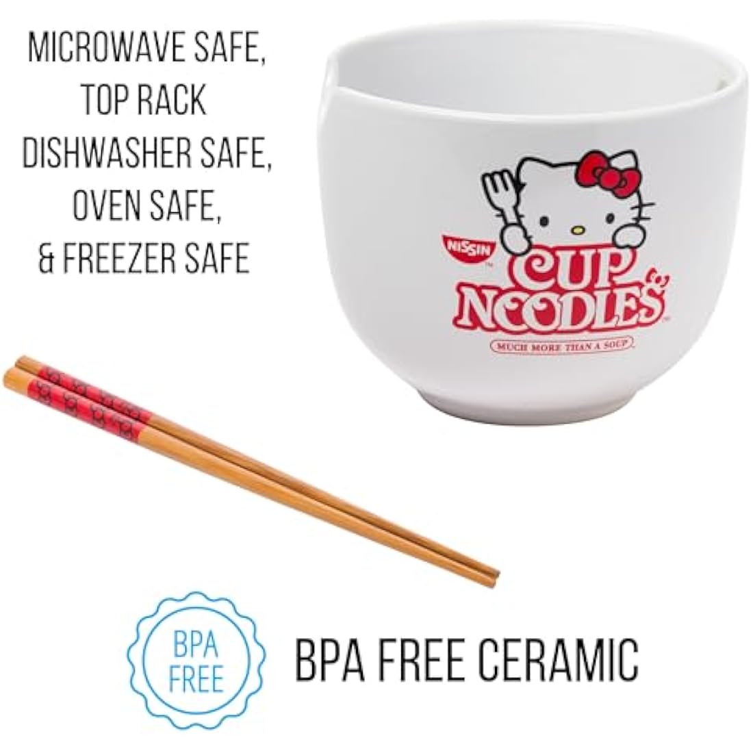 Silver Buffalo Hello Kitty Cup Noodles Nissin Boxed Ceramic Ramen Noodle Bowl with Chopsticks, 20oz