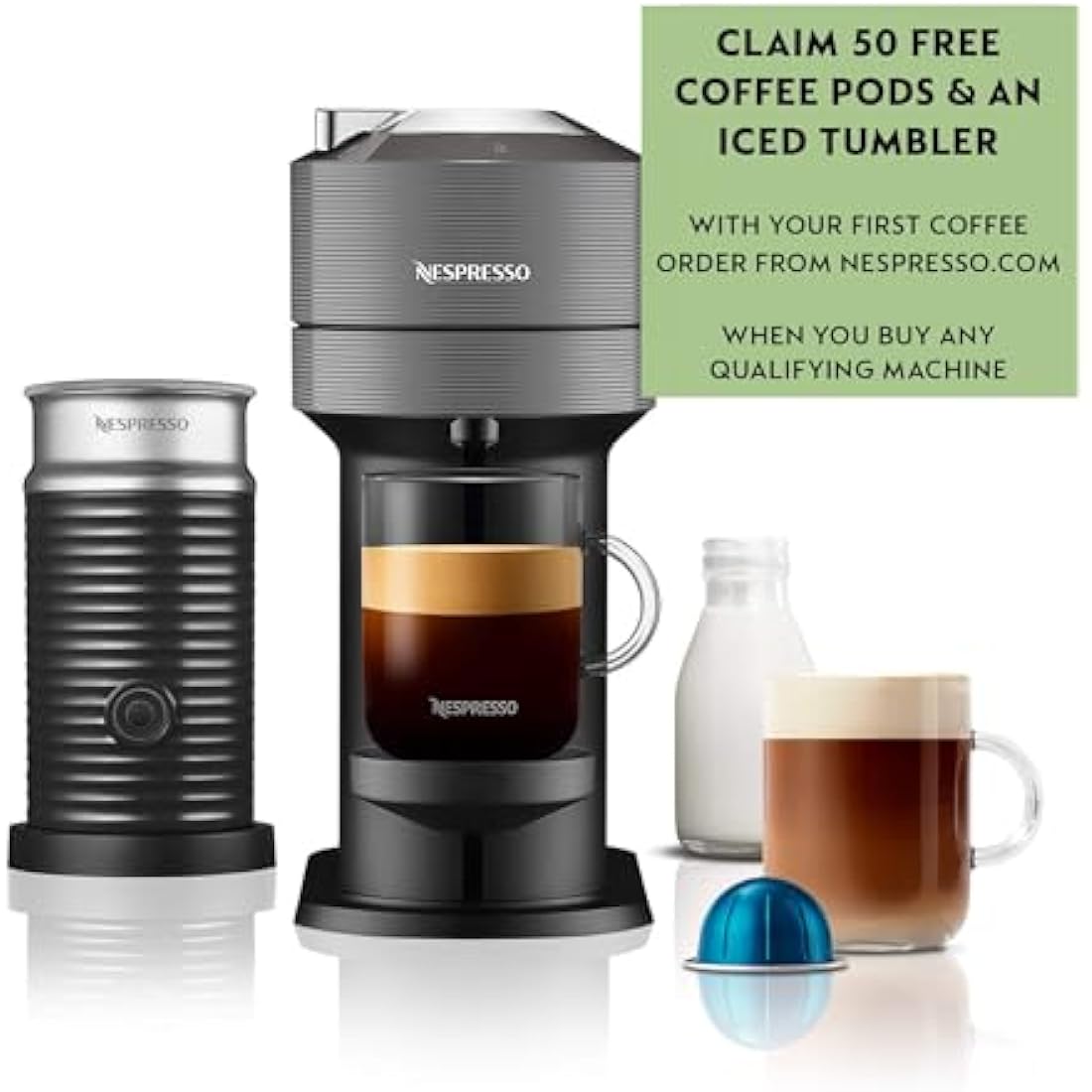 Nespresso Vertuo Next Coffee Machine by De'Longhi with Aeroccino Milk Frother, Over 30 Varieties of Pods, 6 Coffee Cup Sizes, Latte, Cappuccino, Starter Capsule Set Included, EN120.GYAE, Grey