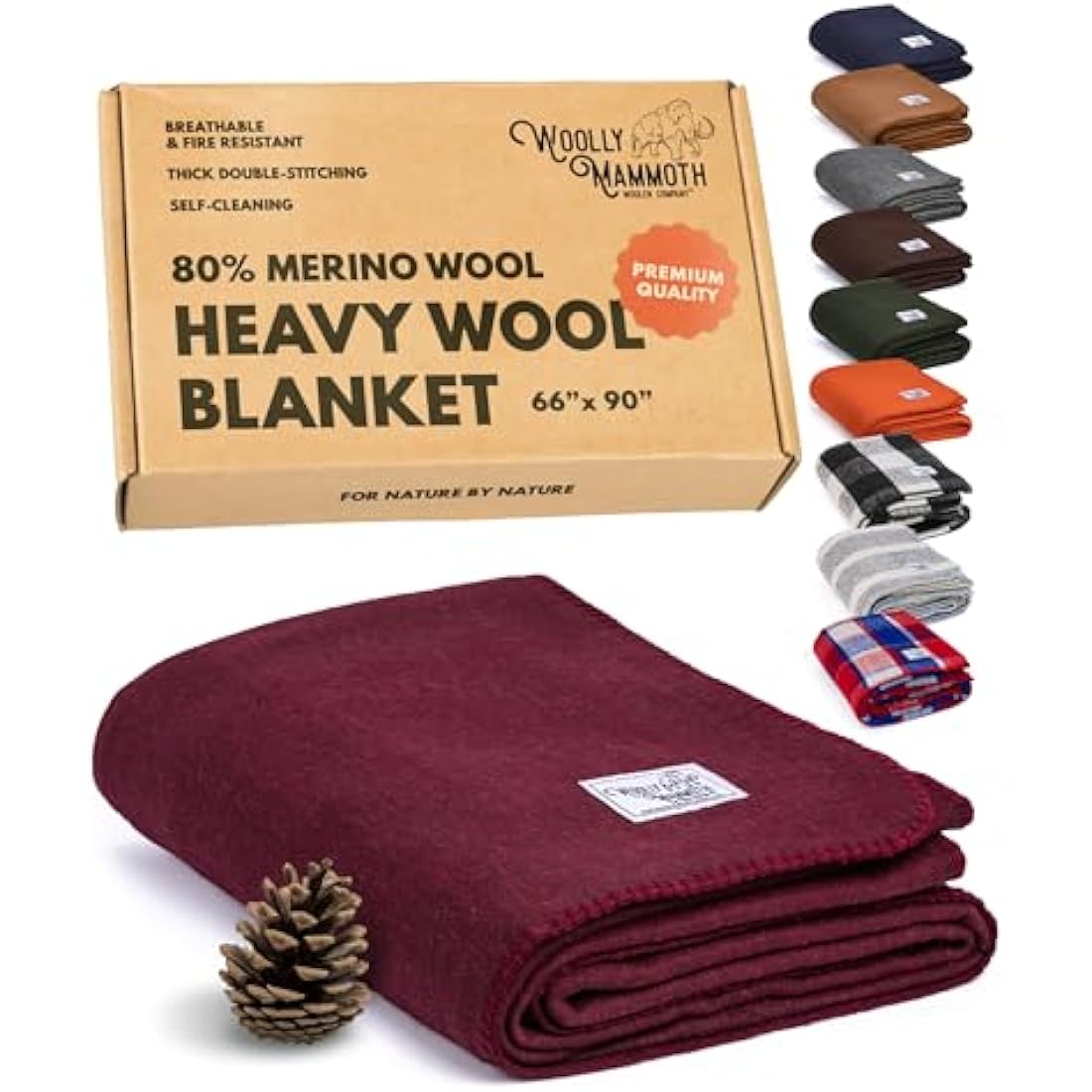 Woolly Mammoth Merino Wool Blanket - Large 66" x 90", 4LBS Camp Blanket | Throw for The Cabin, Cold Weather, Emergency, Dog Camping Gear, Hiking, Survival, Army, Outside, Outdoors – Burgundy