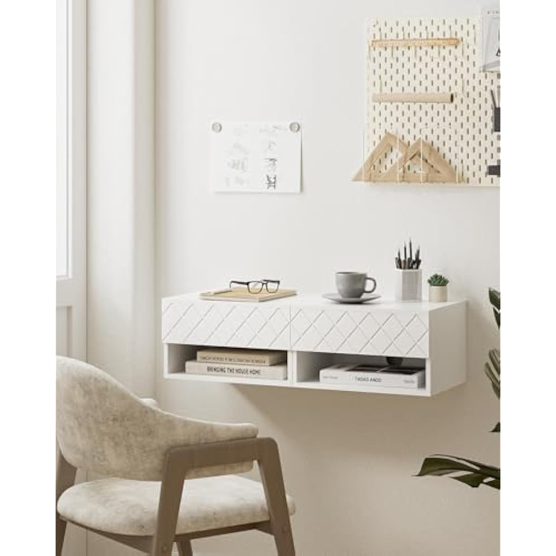 HEYZOEY Floating Bedside Table, Small Modern Nightstand With Drawer, Shelves for Bedroom, Bathroom, White Diamond