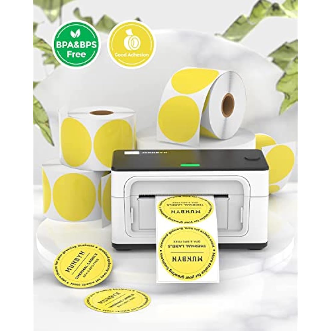 MUNBYN 50x50mm Yellow Circle Thermal Sticker Labels, Self-Adhesive Round Direct Thermal Labels, Multi-Purpose Roll Sticker for DIY Logo Design, QR Code, Name Tag, Inventory-750 Sheet/1 Roll